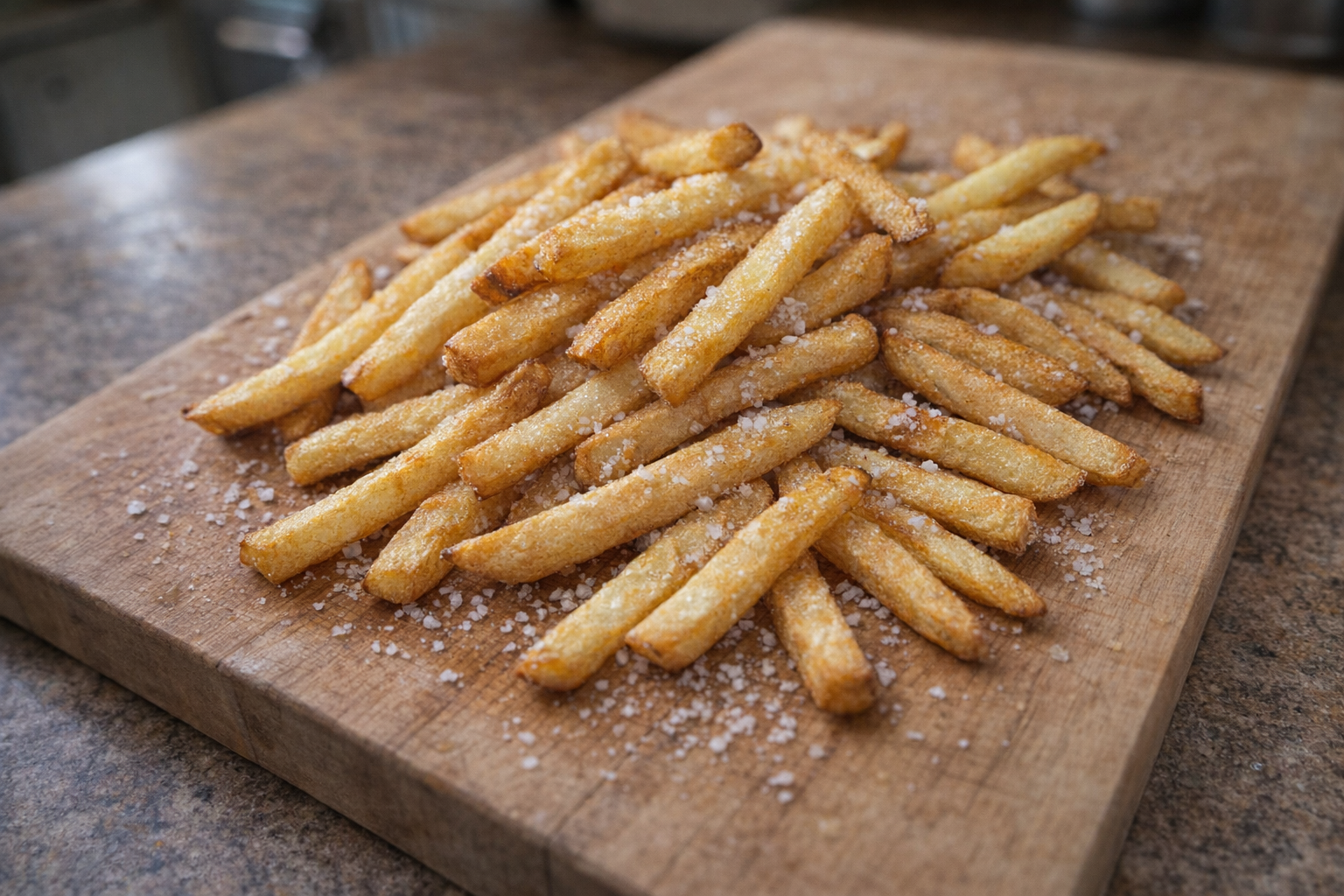 An overhead shot of perfectly baked french fries, golden brown and slightly crispy, arranged on a wooden cutting board with a sprinkle of sea salt